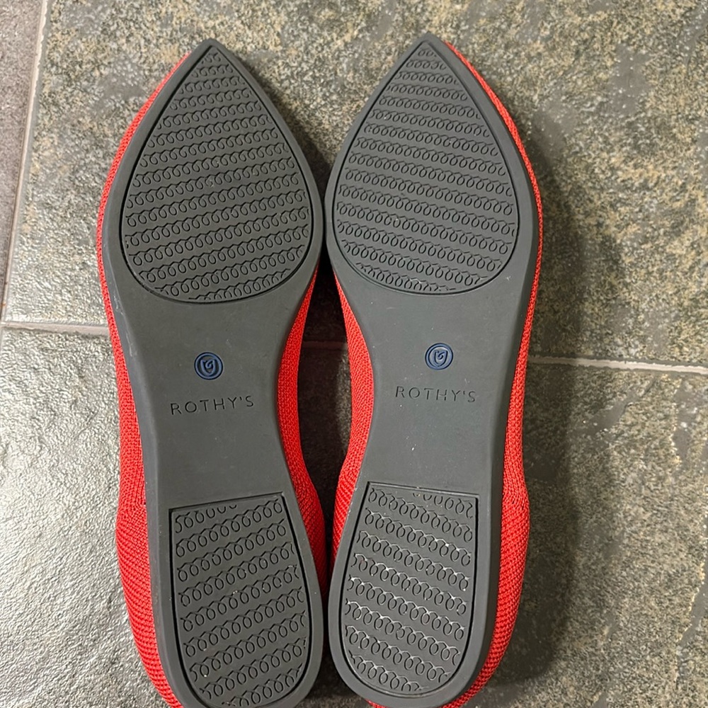 Rothy's Coral-Red Pointed Knit Flats with Blue Trim - Picture 6 of 10